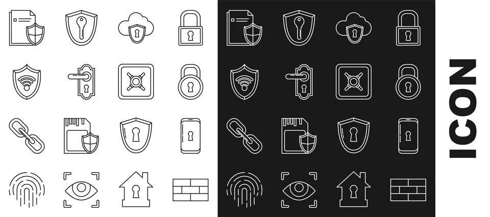 Set line Bricks, Smartphone with lock, Lock, Cloud and shield, Door handle, S Illustrazione stock