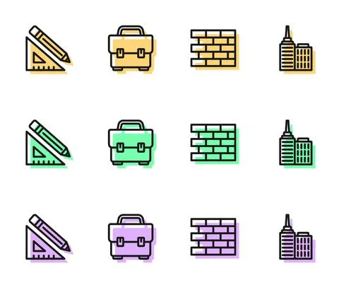 Set line Bricks, Triangular ruler and pencil, Toolbox and City landscape icon Stock Illustration