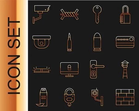 Set line Bricks, Watch tower, Credit card, Key, Bullet, Motion sensor, Secu.. Stock Illustration
