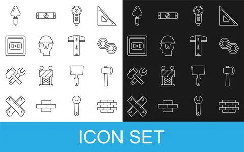 Set line Bricks, Wooden axe, Hexagonal metal nut, Angle grinder, Worker safety Stock Illustration