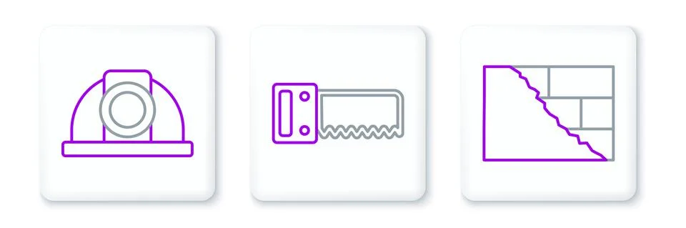 Set line Bricks, Worker safety helmet and Hand saw icon. Vector Stock Illustration