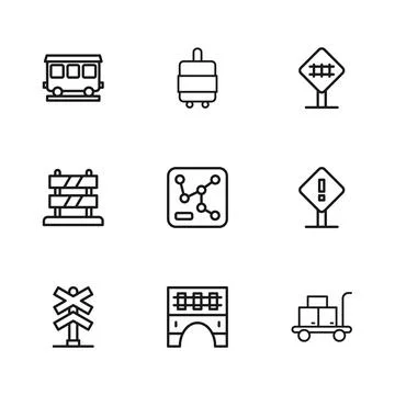 Set line Bridge for train, Exclamation mark square, Trolley suitcase, Railw.. Illustration