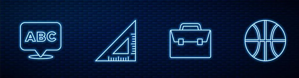 Set line Briefcase, Alphabet, Triangular ruler and Basketball ball. Glowing neon Stock Illustration