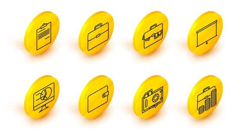 Set line Briefcase and coin, Safe money, Wallet, Computer monitor with graph  스톡 일러스트