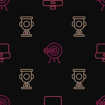 Set line Briefcase, Award cup and Target with arrow on seamless pattern. Vector Stock Illustration