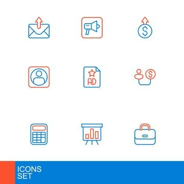 Set line Briefcase, Board with graph chart, Calculator, Human and money, Cr.. Stock Illustration