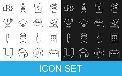 Set line Briefcase, Calculator, Microscope, School backpack, Graduation cap Stockillustratie
