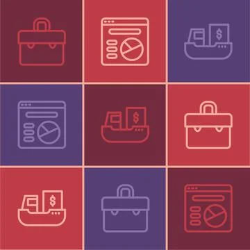 Set line Briefcase, Cargo ship with boxes delivery and Pie chart infographic Stock Illustration