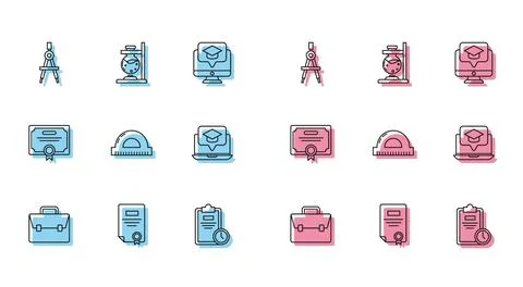 Set line Briefcase, Certificate template, Drawing compass, Exam sheet with .. Stock Illustration