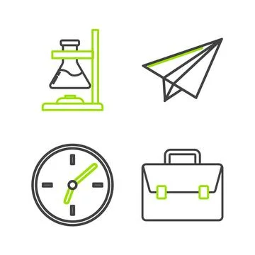Set line Briefcase, Clock, Paper airplane and Glass test tube flask on fire icon 库存插图