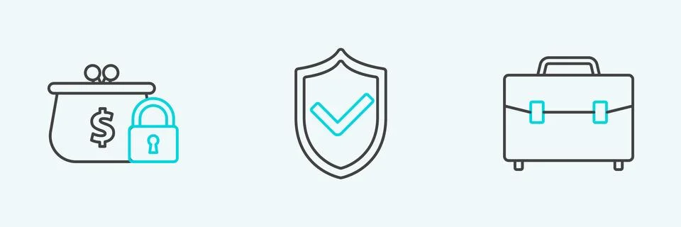 Set line Briefcase, Closed wallet with lock and Shield check mark icon. Vector Stock Illustration