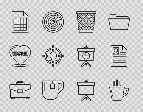 Set line Briefcase, Coffee cup, Trash can, Cup tea with tea bag, File docum.. Stock Illustration