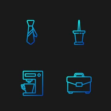 Set line Briefcase, Coffee machine, Tie and Push pin. Gradient color icons Ilustração Stock