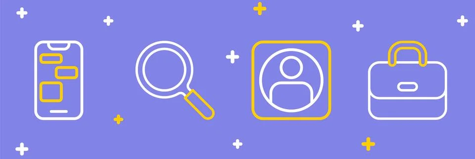 Set line Briefcase, Create account screen, Magnifying glass and Mobile 24 h.. イラスト素材