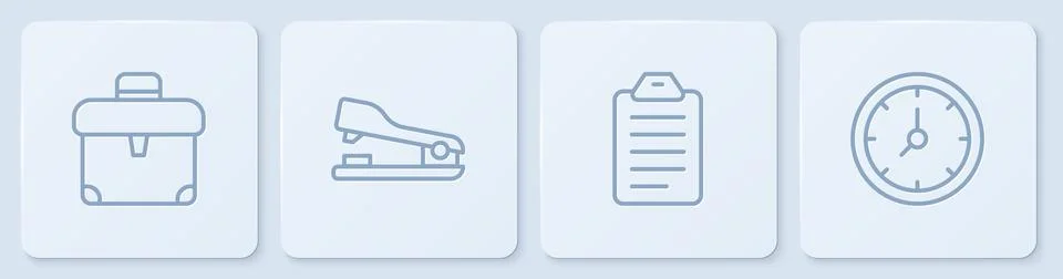 Set line Briefcase, To do list or planning, Stapler and Clock. White square Stock Illustration