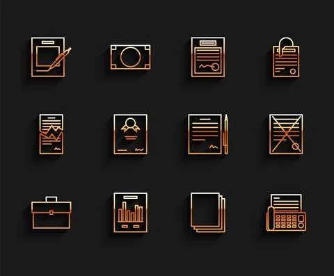 Set line Briefcase, Document with graph chart, Blank notebook and pen, Clean Stock Illustration