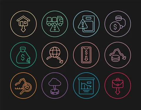 Set line Briefcase, Dollar rate decrease, Global economic crisis, Money bag 库存插图