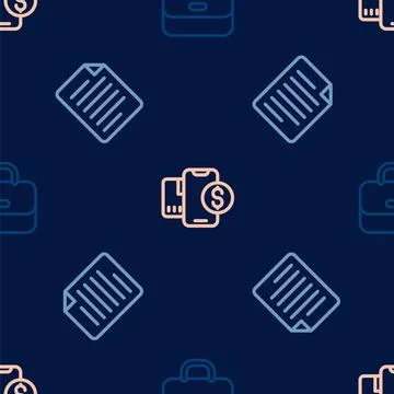 Set line Briefcase, File document and Mobile with dollar on seamless pattern 库存插图