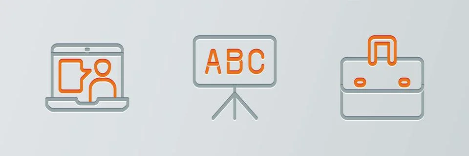 Set line Briefcase, Foreign language online study and Chalkboard icon. Vector Illustrazione stock