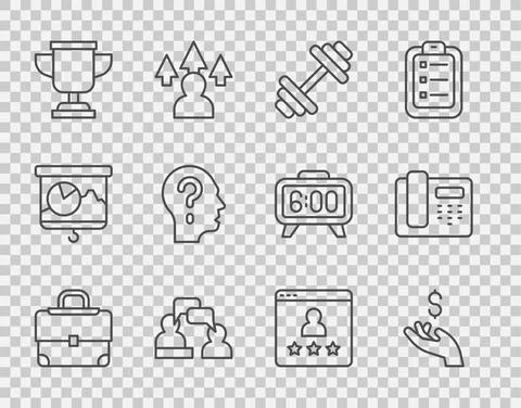 Set line Briefcase, Hand holding coin money, Dumbbell, Two sitting men talking Stock Illustration