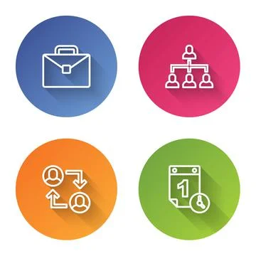 Set line Briefcase, Hierarchy organogram chart, Project team base and Time Stock Illustration