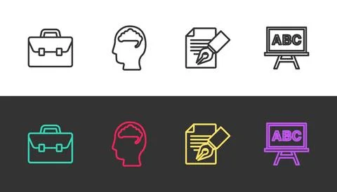 Set line Briefcase, Human brain, Exam sheet and pencil and Chalkboard on bl.. 库存插图