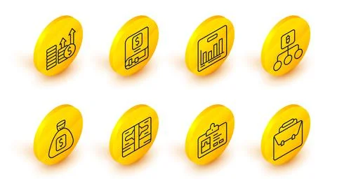 Set line Briefcase, Identification badge, Stacks paper money cash, Money ba.. Stockillustratie