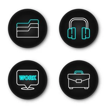 Set line Briefcase, Location with text work, Headphones and Document folder.. Stock Illustration