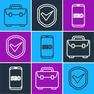 Set line Briefcase, Mobile phone SEO optimization and Shield with check mark Stock Illustration