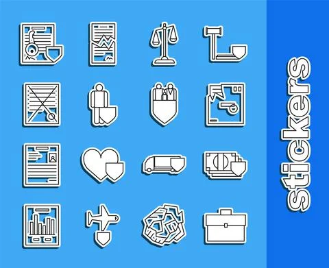 Set line Briefcase, Money with shield, Ordered envelope, Scales of justice, Life Illustrazione stock