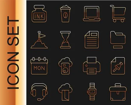 Set line Briefcase, Note paper with push button, Document folder, Laptop, Old Stock Illustration