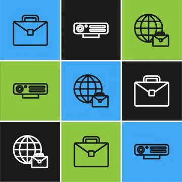Set line Briefcase, Online working and Web camera icon. Vector Stock Illustration