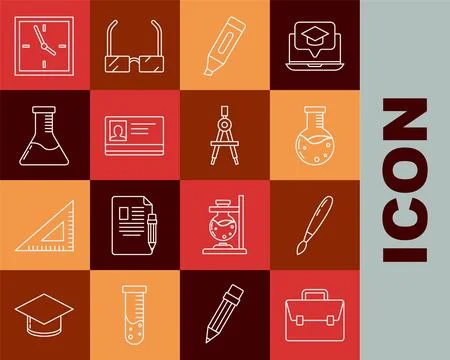 Set line Briefcase, Paint brush, Test tube and flask chemical laboratory, M.. Stock Illustration