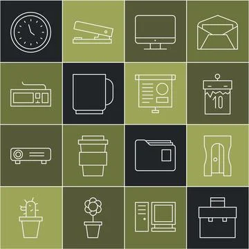 Set line Briefcase Pencil sharpener Calendar Computer monitor screen Coffee c Stock Illustration