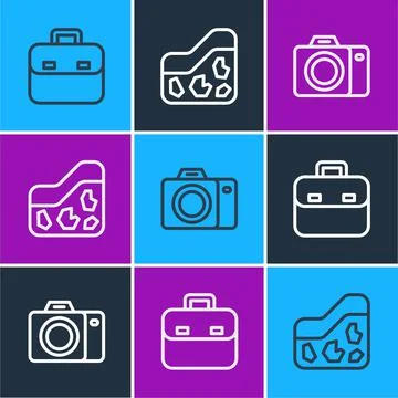 Set line Briefcase, Photo camera and Ground icon. Vector Stock Illustration