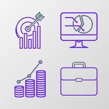 Set line Briefcase, Pie chart infographic and coin, Computer monitor with a.. Stock Illustration