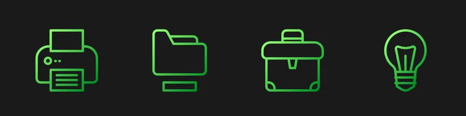 Set line Briefcase, Printer, Document folder and Light bulb. Gradient color Stock Illustration