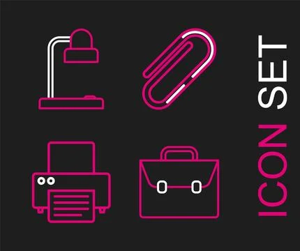 Set line Briefcase, Printer, Paper clip and Table lamp icon. Vector Stock Illustration