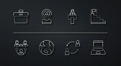 Set line Briefcase, Project team base, Stair with finish flag, Human resources Illustrazione stock