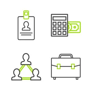 Set line Briefcase, Project team base, Calculator with dollar symbol and Id.. Stock Illustration