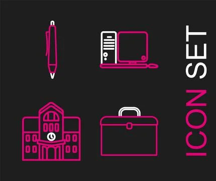 Set line Briefcase, School building, Computer monitor with keyboard and mou.. Stock-Illustration