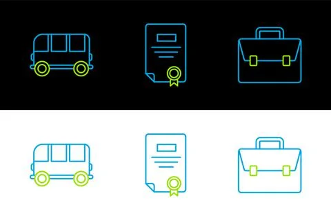 Set line Briefcase, School Bus and Certificate template icon. Vector Illustration