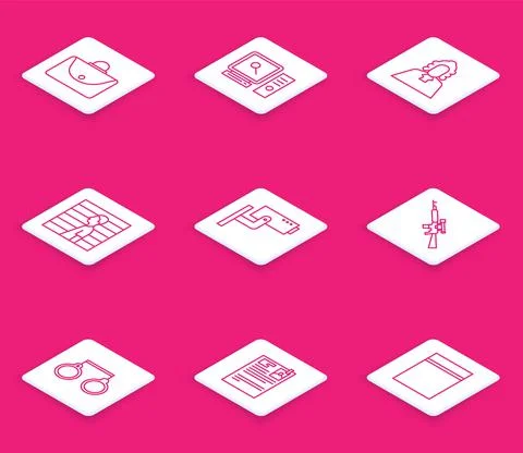 Set line Briefcase, Search on computer screen, Judge, Suspect criminal, Security Ilustración de archivo