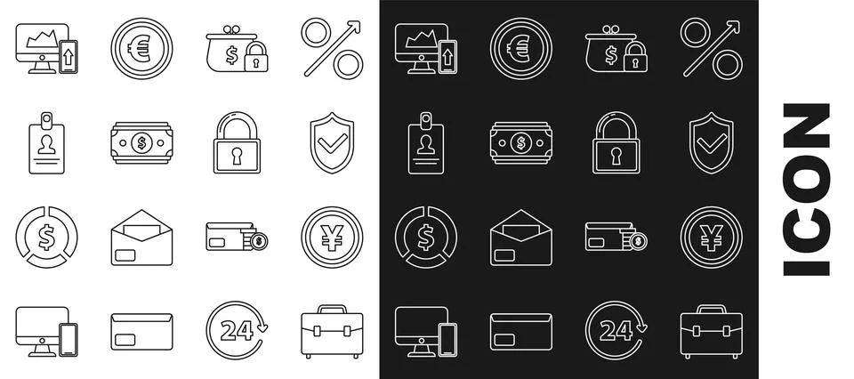Set line Briefcase, Shield check mark, Closed wallet lock, Stacks paper cash 스톡 일러스트