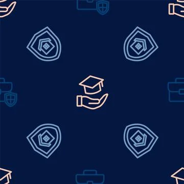 Set line Briefcase with shield, House and Education grant on seamless pattern Stock Illustration