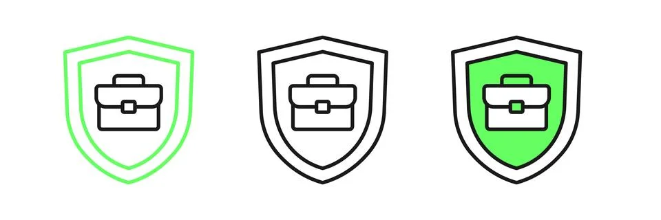 Set line Briefcase with shield icon isolated on white background. Insurance.. Stock Illustration