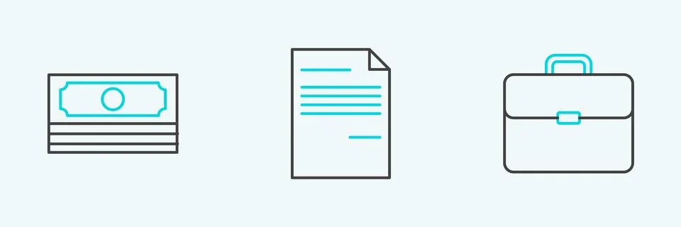 Set line Briefcase, Stacks paper money cash and Document icon. Vector Stock Illustration