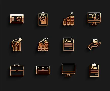 Set line Briefcase, Stacks paper money cash, Safe, Computer monitor screen,.. Stock Illustration
