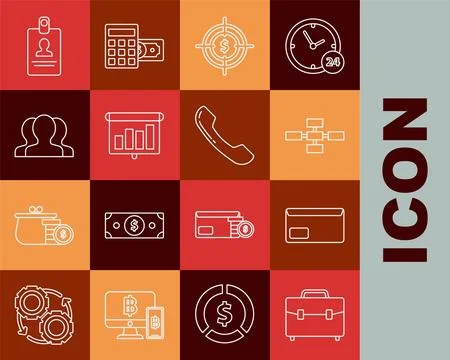 Set line Briefcase, Target with dollar symbol, Presentation financial board Stock Illustration