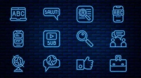 Set line Briefcase, Two sitting men talking, Translator, Video with subtitl.. 库存插图